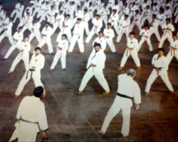 In 1995, Hanshi Zempo Shimabokoro, Chief of Shorin-ryu Seibukan, led a Karate session during his inaugural visit to Cochin, Kerala, India. I had the honor of assisting him take the class and can be identified as the person holding a white towel in my left hand.