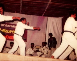 Along with fellow Karatekas in demonstrating a Shorin-ryu Kata at Njarackal, Kerala, India in 1991. These demonstrations held at various locations played a vital role in bridging the gap between the martial arts community and the general public.