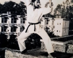 Performing a karate back stance at Kurukshetra University, Haryana, India in 1980. It is through consistent and repeated practice that a Karateka is shaped closer toward perfection. back stance at Kurukshetra
