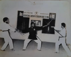 Practicing Karate Kobudo alongside Sensei P. Kuppusamy and Gandharvan (extreme right) in Cochin, Kerala, India, in 1980. While I trained in both disciplines, it was Karate that brought me greater joy and a deeper sense of fulfillment. practicing
