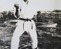 Practicing the basic Zenkutsu Dachi stance at Kurukshetra in 1980 - daily sessions, even just a few minutes of repeated stances and punches with back-and-forth movements, played a crucial role in developing essential muscle memory. Doing the basic Zenkutsu dachi stance at Kurukshetra in 1980.