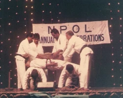 In 1993, I performed a rock-breaking demonstration with a 60-kilogram granite stone in Cochin, Kerala, India. Also present, from left to right, were Sensei T.S. Ivan, Sunil, Spark David, A.K. Jayprakash, Xavier, and the late John Philipose. The granite was shattered by Sensei P.M. Xavier using a heavy hammer. Rock Breaking demo