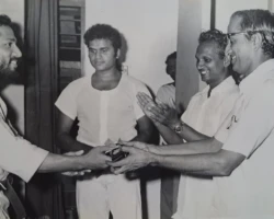 Receiving the Shodan Black Belt from the Mayor of Kochi, Mr. A.K. Sheshadri, in 1981 - a moment steeped in both pride and humility. As Sensei P. Kuppusamy looked on and Advocate Kuttan applauded, I felt a deep sense of accomplishment - yet was keenly aware that the journey toward mastering Karate had only just begun. Ranjit receiving his Shodan from Mayor of Kochi